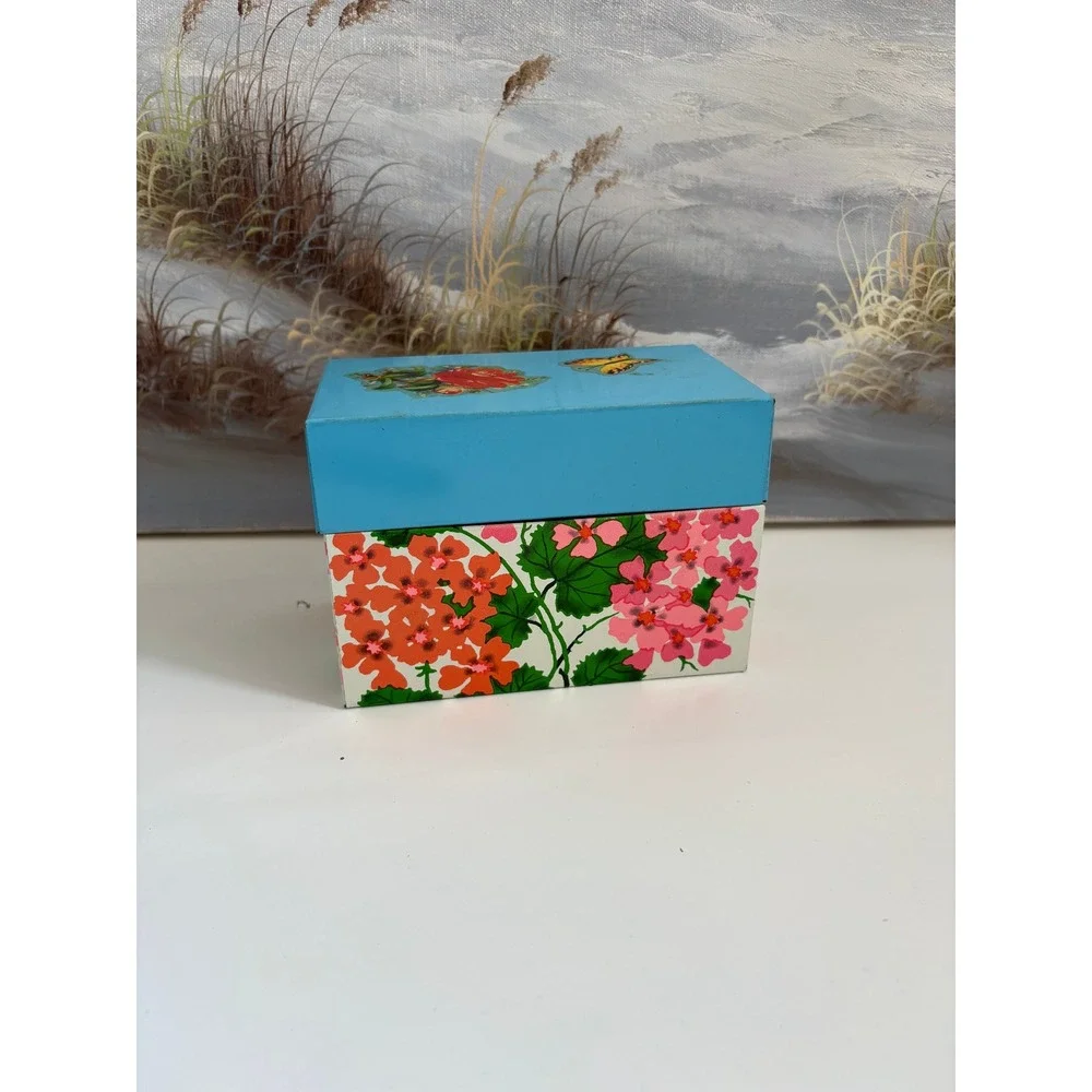 Vintage Ohio Art Floral Metal Tin Blue Lid Geranium Butterfly Storage Box
